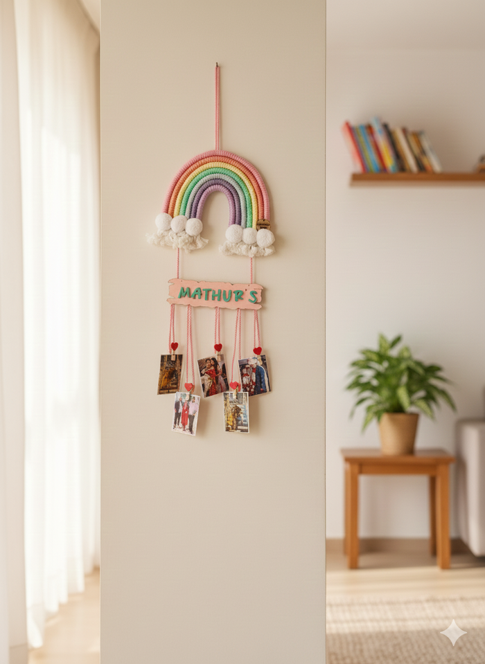Macrame Nameboard - 7 Layer Rainbow with photo hangings